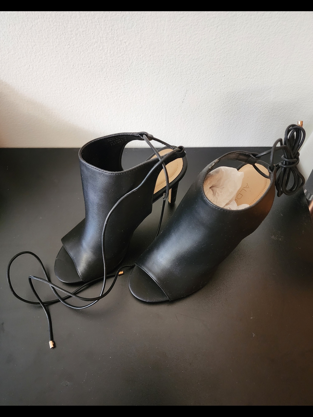 Aldo Black Lace-Up Peep-Toe Heeled Booties